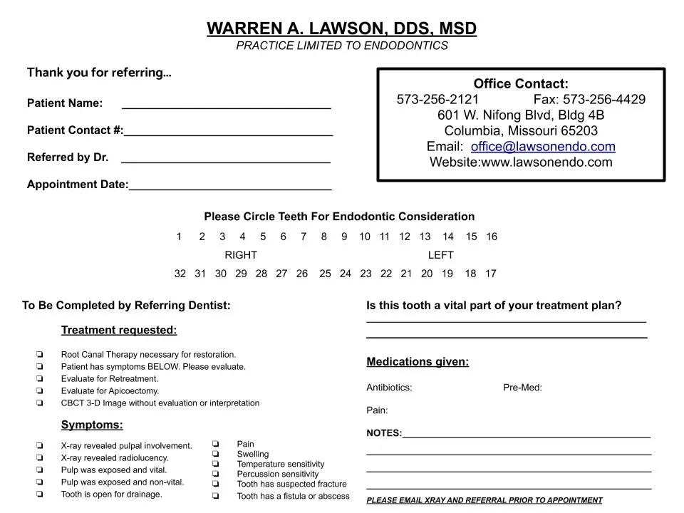 Endodontic Referral Form Columbia MO Referring Doctor